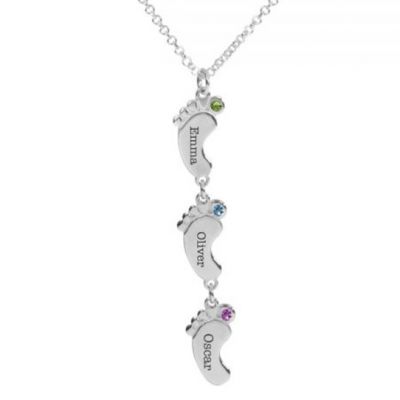 Footsteps Name and Birthstone Necklace - Sterling Silver