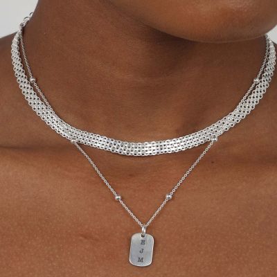 Classic Tag and Herringbone Initial Necklace Set [Sterling Silver]