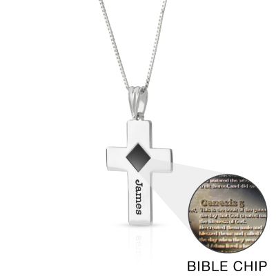 Engraved Cross Necklace with Nano Bible [Sterling Silver]