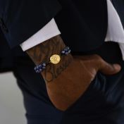 Lapis Lazuli Engraved Map Men Bracelet [14 Karat Gold]