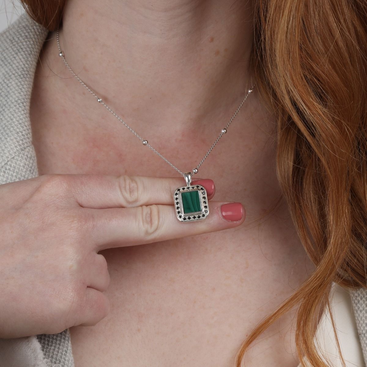 Touch of Nature Malachite Necklace - Black Crystals [Sterling Silver]