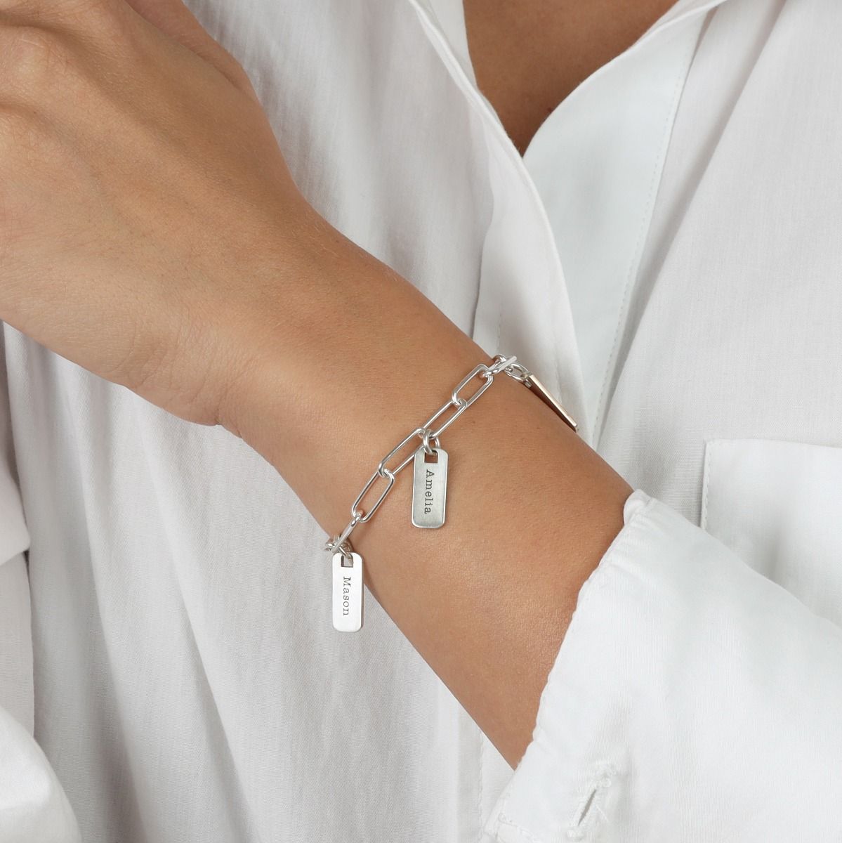 Paperclip Style Engraved Charms Bracelet [Sterling Silver]