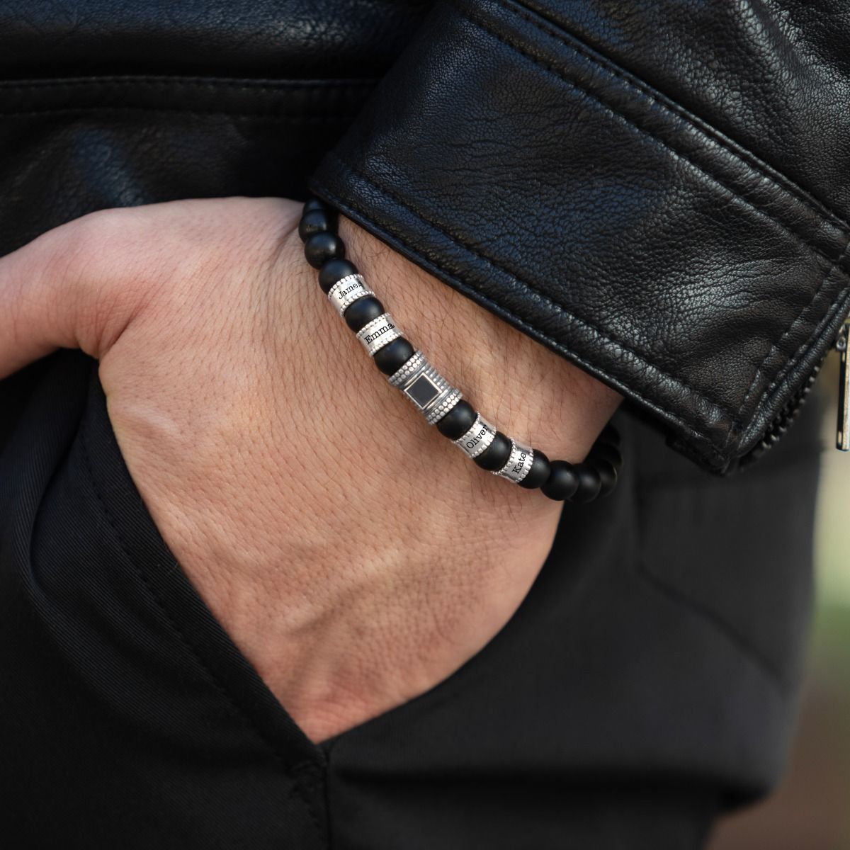 Black Onyx Men Name Bracelet With Nano Bible [Silver]