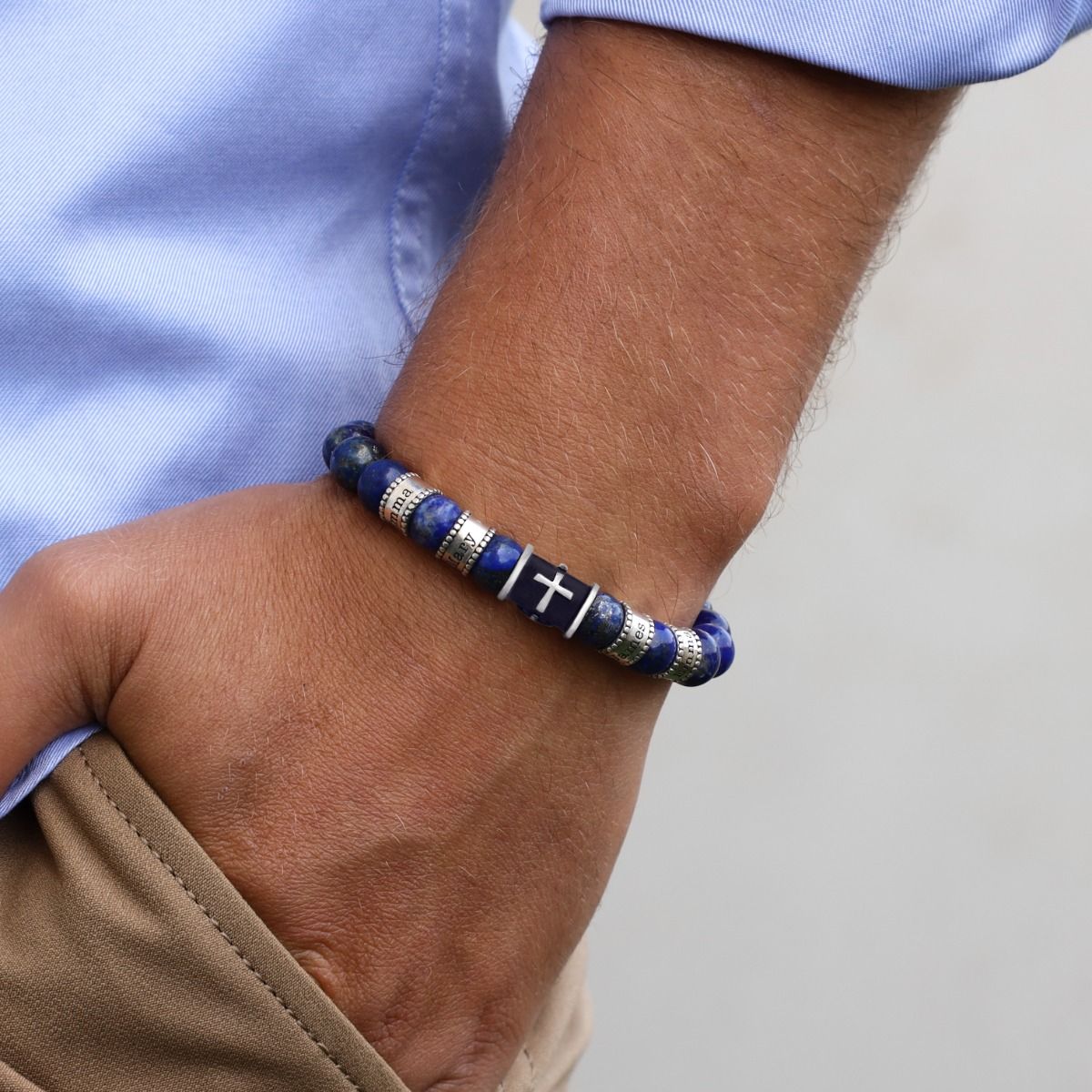 Black Silver Cross Men Name Bracelet with Lapis Lazuli Stones