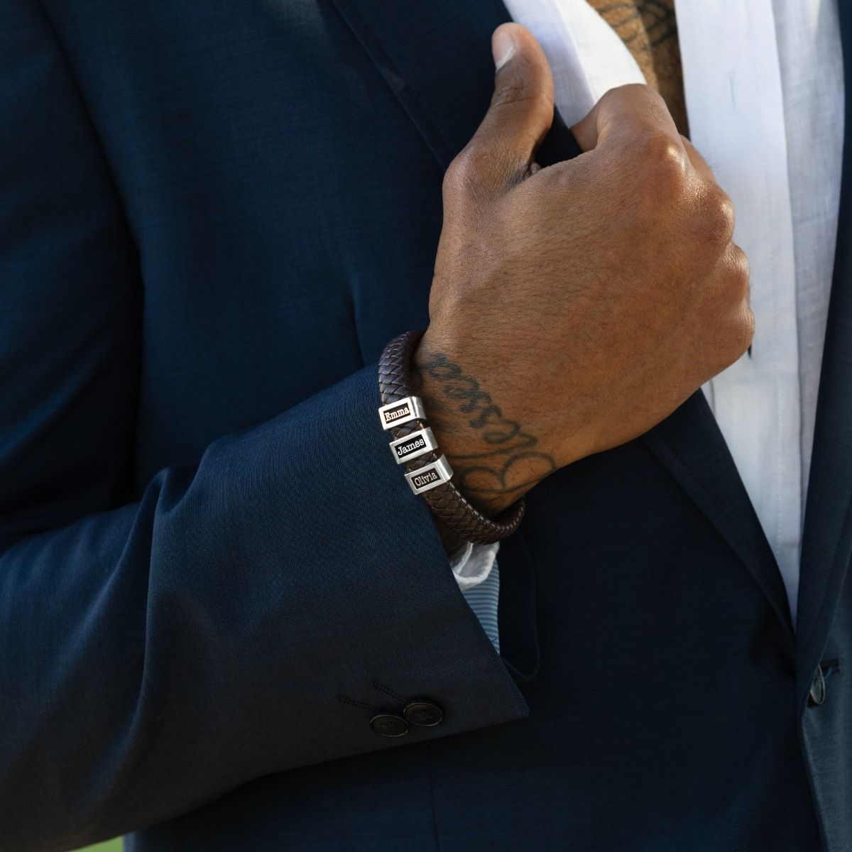 Brown Leather Men Name Bracelet - Sterling Silver