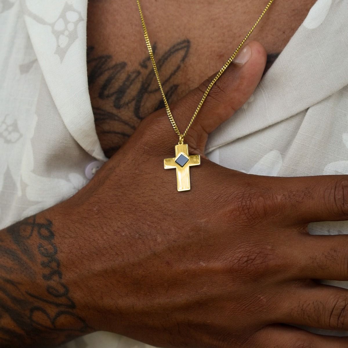 Cross Necklace with Nano Bible for Men - 18K Gold Plated