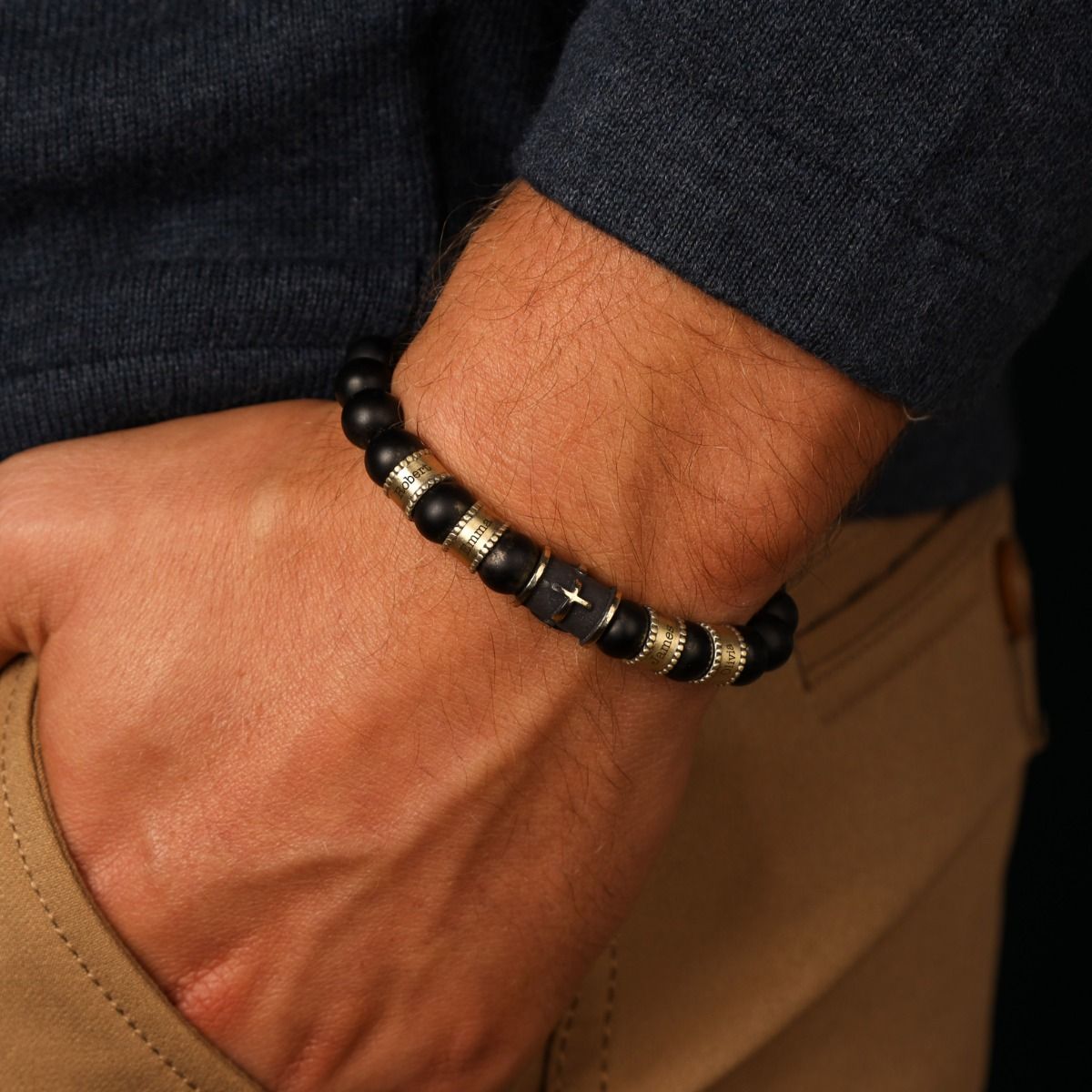 Black Cross Men Name Bracelet With Black Onyx Stones - Vintage Yellow