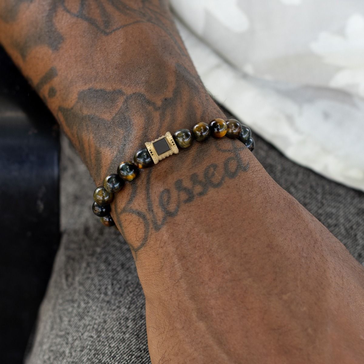 Green Tiger Eye Men Bracelet with Nano Bible - 14 Karat Gold