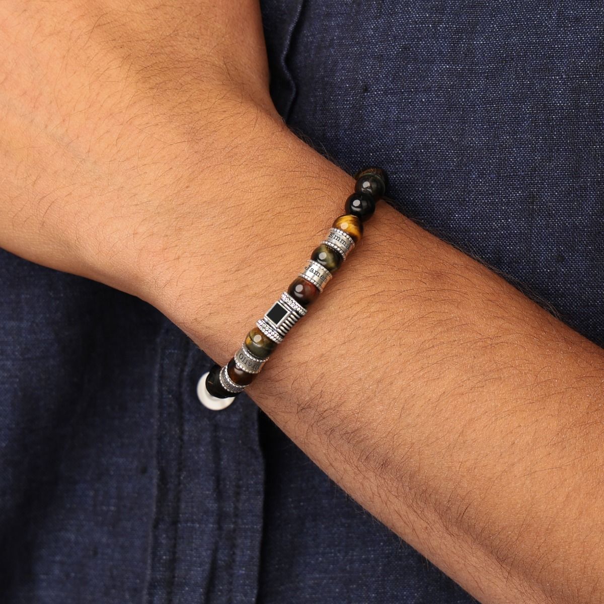 Green Tiger Eye Men Name Bracelet with Nano Bible [Sterling Silver]