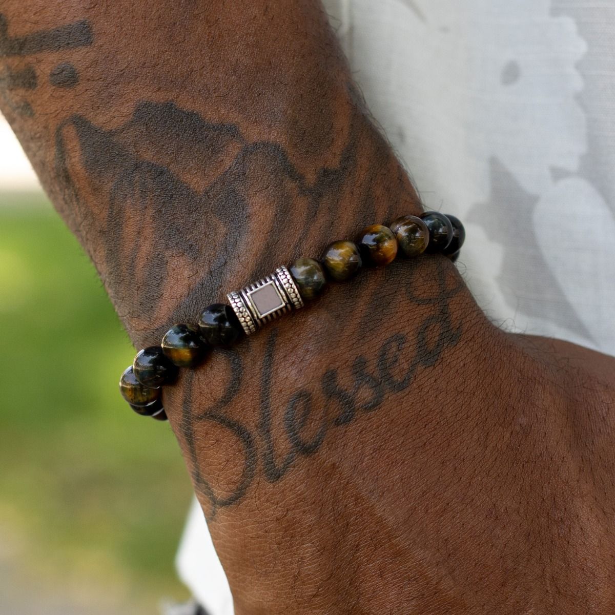 Green Tiger Eye Men Bracelet with Nano Bible [Sterling Silver]