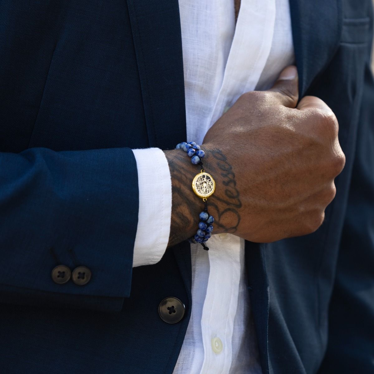 Lapis Lazuli Map Men Bracelet [14 Karat Gold]