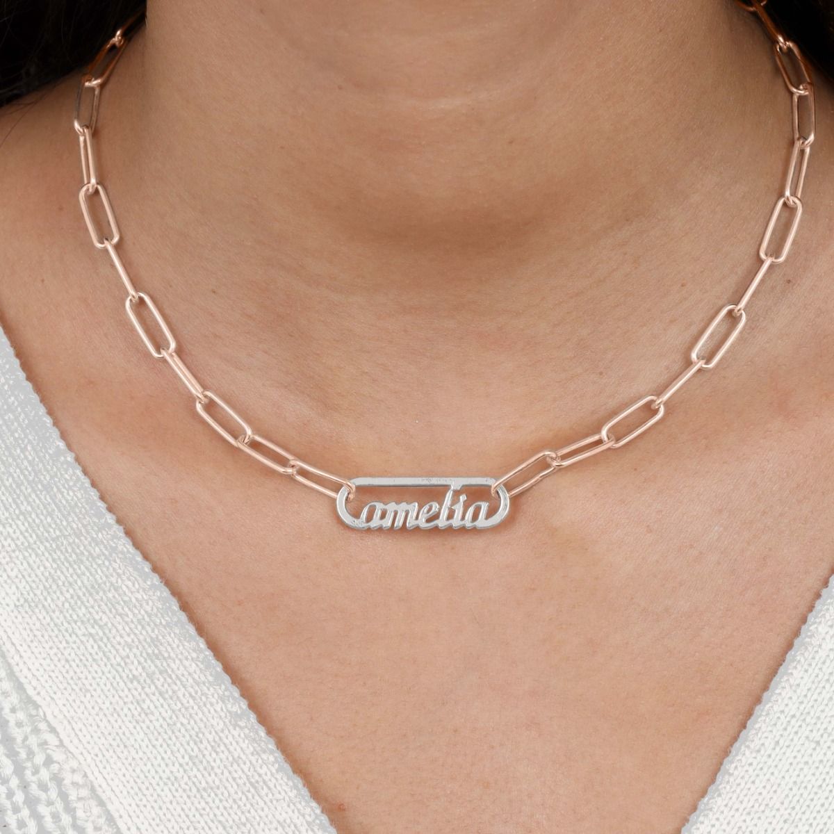 Paperclip Style Name Necklace [Sterling Silver / 18k Rose Gold Plated Chain]