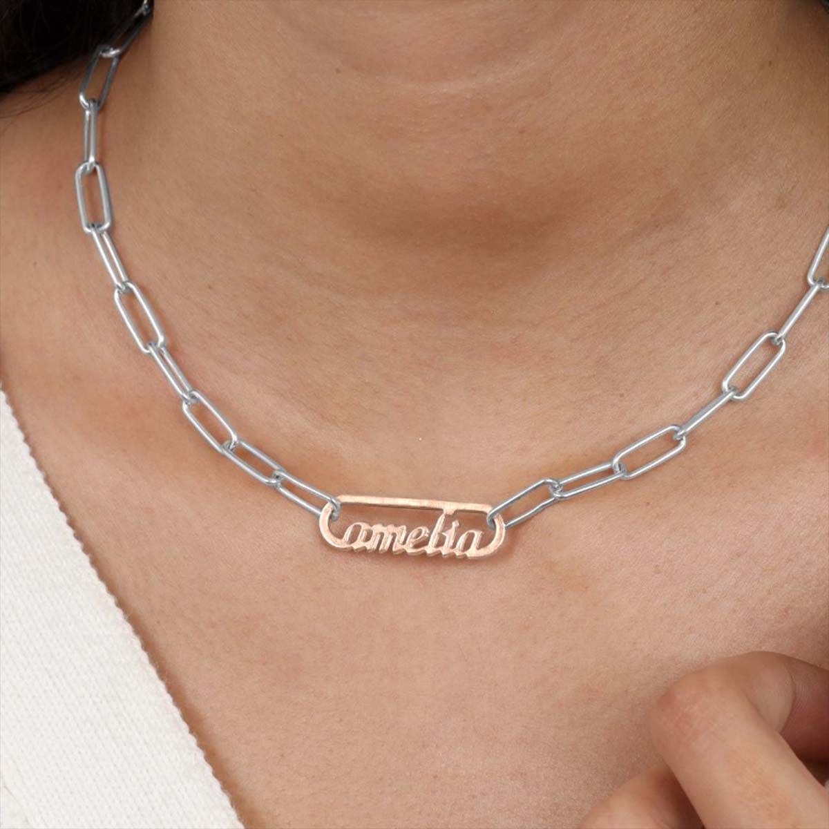 Paperclip Style Name Necklace [Sterling Silver / 18k Rose Gold Plated Pendant]