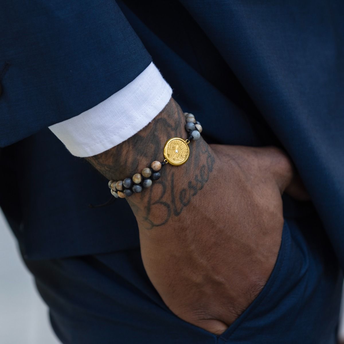 Picasso Jasper Engraved Map Men Bracelet - 14 Karat Gold