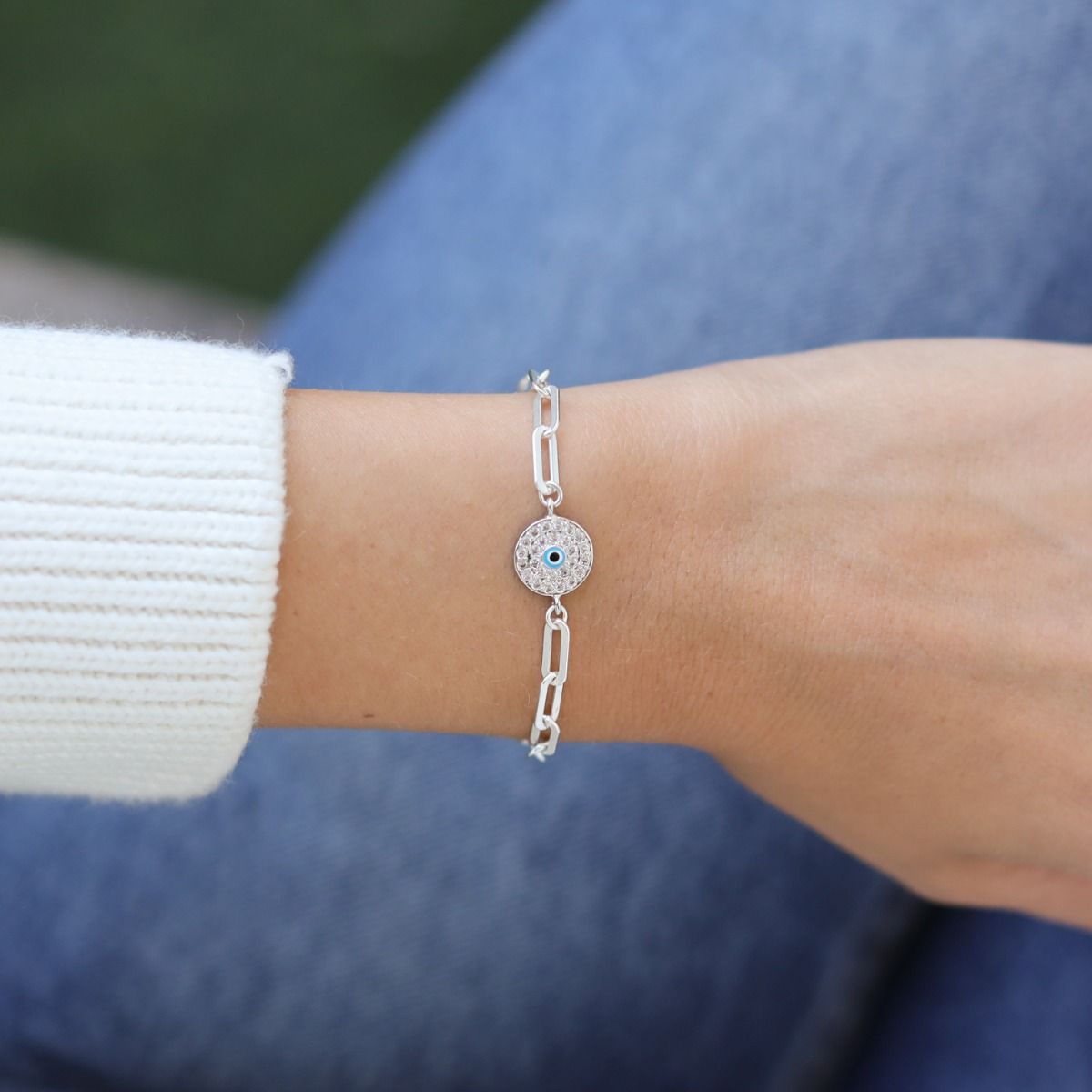 Paperclip Style Hestia Evil Eye Bracelet