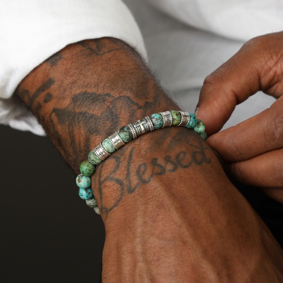 Cross Men Name Bracelet with Turquoise Stones