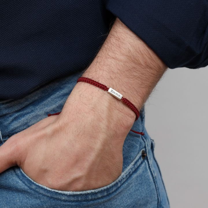 Engraved Bar Bracelet for Men - red string