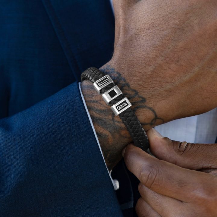 Black Leather Men Name Bracelet with Nano Bible - Sterling Silver