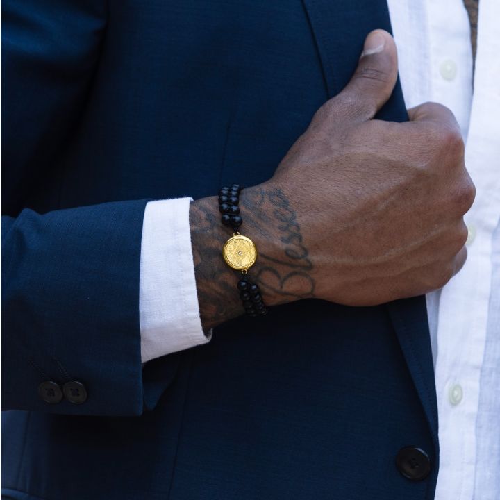 Black Onyx Engraved Map Men Bracelet [14 Karat Gold]