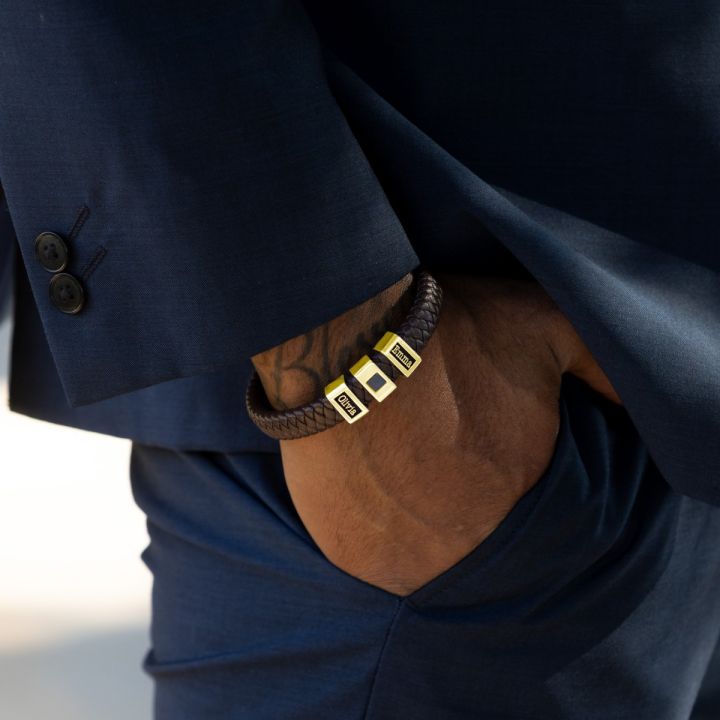 Brown Leather Men Name Bracelet with Nano Bible - 18K Gold Vermeil