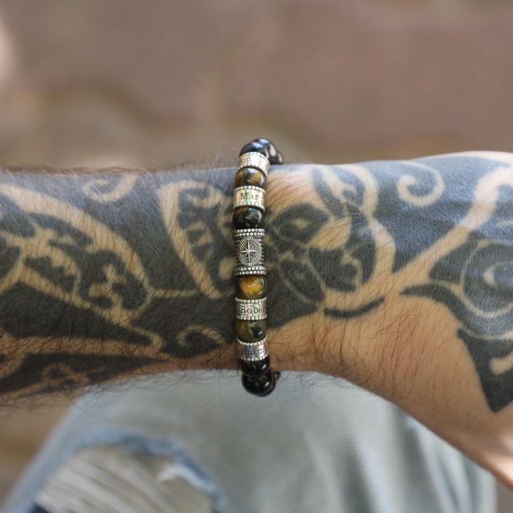 Compass Men Name Bracelet with Green Tiger Eye Stones
