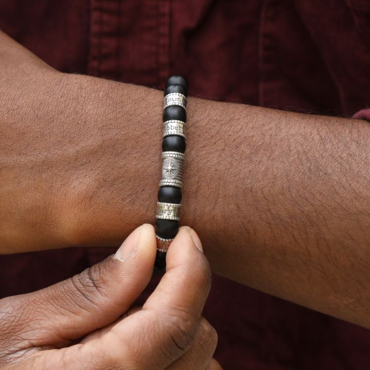 Compass Men Name Bracelet with Black Onyx Stones