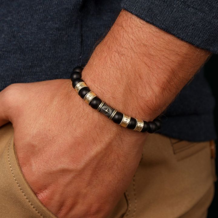 Compass Men Name Bracelet with Black Onyx Stones - Vintage Yellow