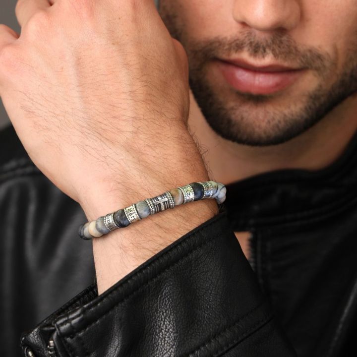Cross Men Name Bracelet With Picasso Jasper Stones