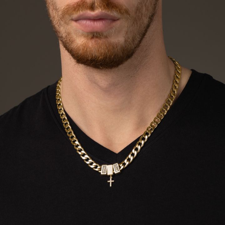 Crystal Cross Cuban Link Chain with Names - 18K Gold Plated