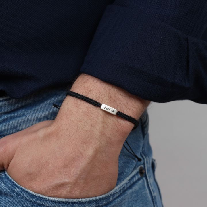 Engraved Bar Bracelet for Men - black string