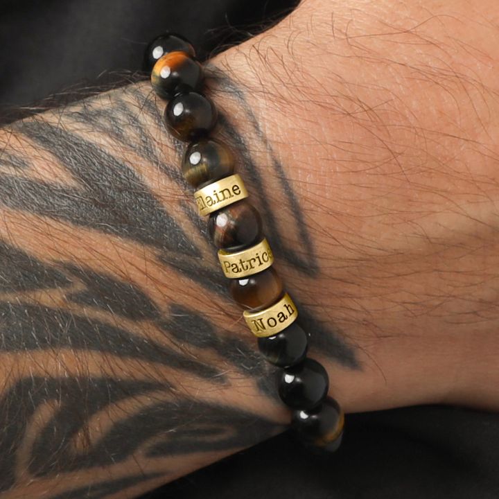 Green Tiger Eye Men Name Bracelet - 18K Gold Vermeil