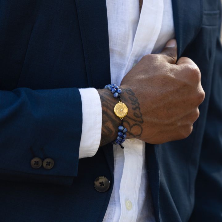 Lapis Lazuli Engraved Map Men Bracelet [18K Gold Vermeil]