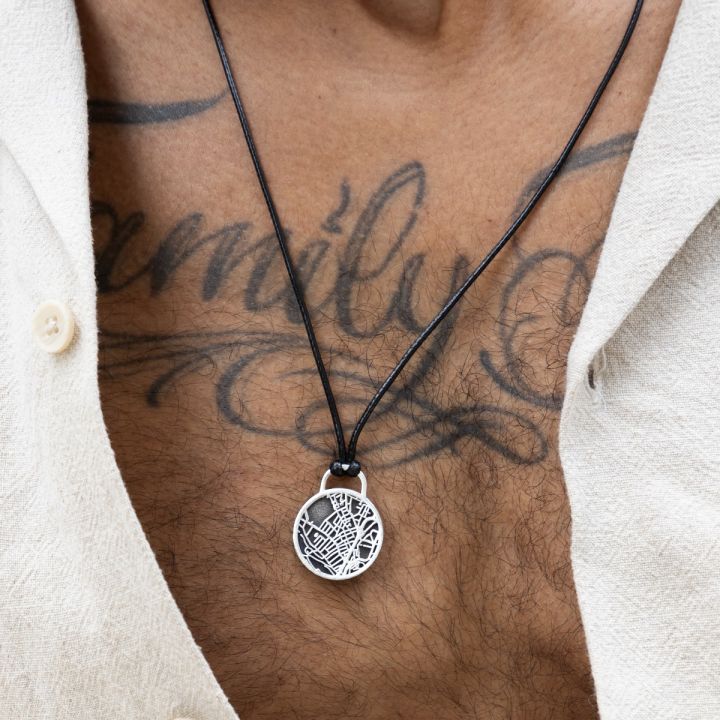 Navigator's Map Men Necklace – Sterling Silver / Black Cord