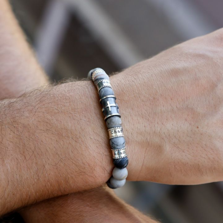 Black Silver Cross Men Name Bracelet with Picasso Jasper Stones