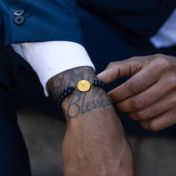Black Onyx Engraved Map Men Bracelet [14 Karat Gold]
