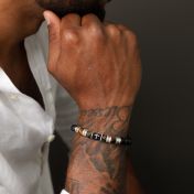 Black Silver Cross Men Name Bracelet with Green Tiger Eye Stones