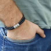 Black Leather Engraved Bracelet - Sterling silver engraved charms with kid's names
