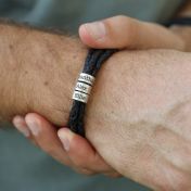 Men Leather Bracelet with Engraved Beads in Sterling Silver