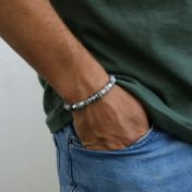 Black Silver Cross Men Name Bracelet with Picasso Jasper Stones