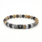 Black Silver Cross Men Name Bracelet with Picasso Jasper Stones