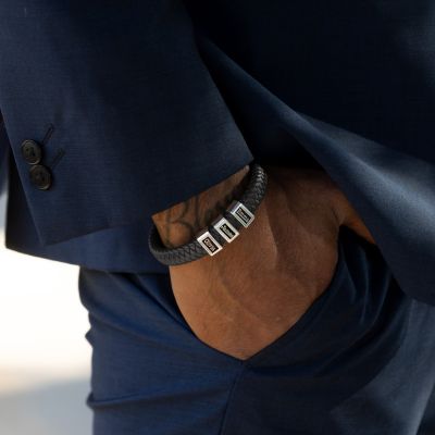 Black Leather Men Name Bracelet - Sterling Silver