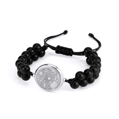 Black Onyx Engraved Map Men Bracelet [Sterling Silver]