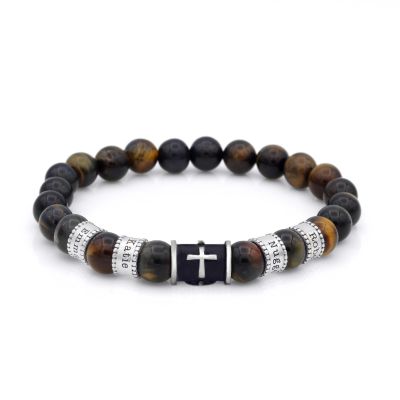 Black Silver Cross Men Name Bracelet with Green Tiger Eye Stones
