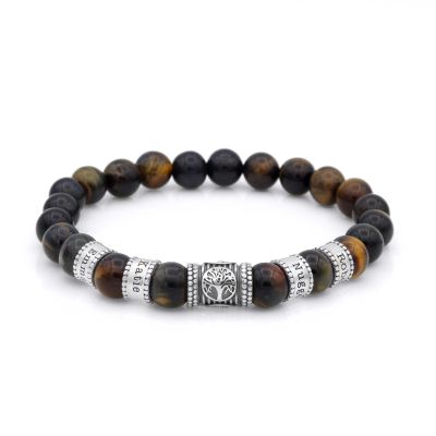Family Tree Men Name Bracelet with Green Tiger Eye Stones