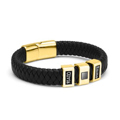 Black Leather Men Name Bracelet with Nano Bible - 18K Gold Vermeil
