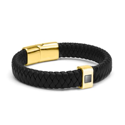 Black Leather Men Bracelet with Nano Bible - 18K Gold Vermeil