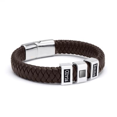 Brown Leather Men Name Bracelet with Nano Bible - Sterling Silver