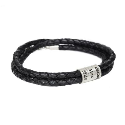Black Leather Engraved Bracelet with 925 Sterling silver engraved beads