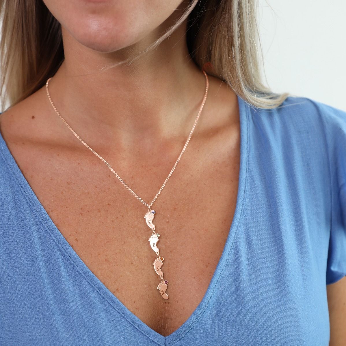 Footsteps Name and Birthstone Necklace - Rose Gold Plated 