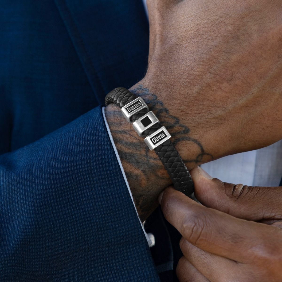 Black Leather Men Name Bracelet with Nano Bible - Sterling Silver